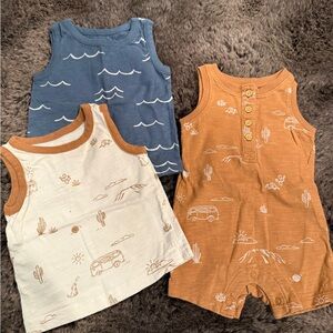Little and Co. 3-Piece Baby Tank & Romper Set - Blue, Cream, Rust